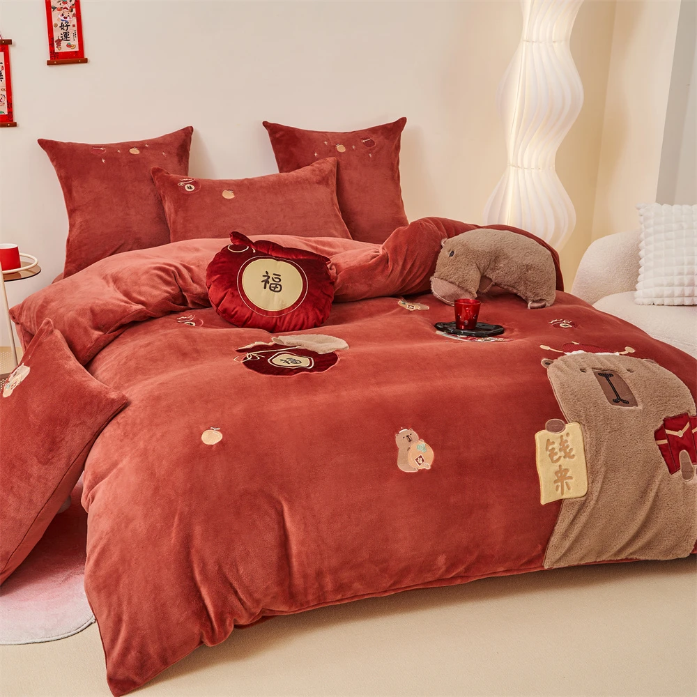 TD 0155 新年款绣花牛奶绒五件套 发财巴拉-好运红