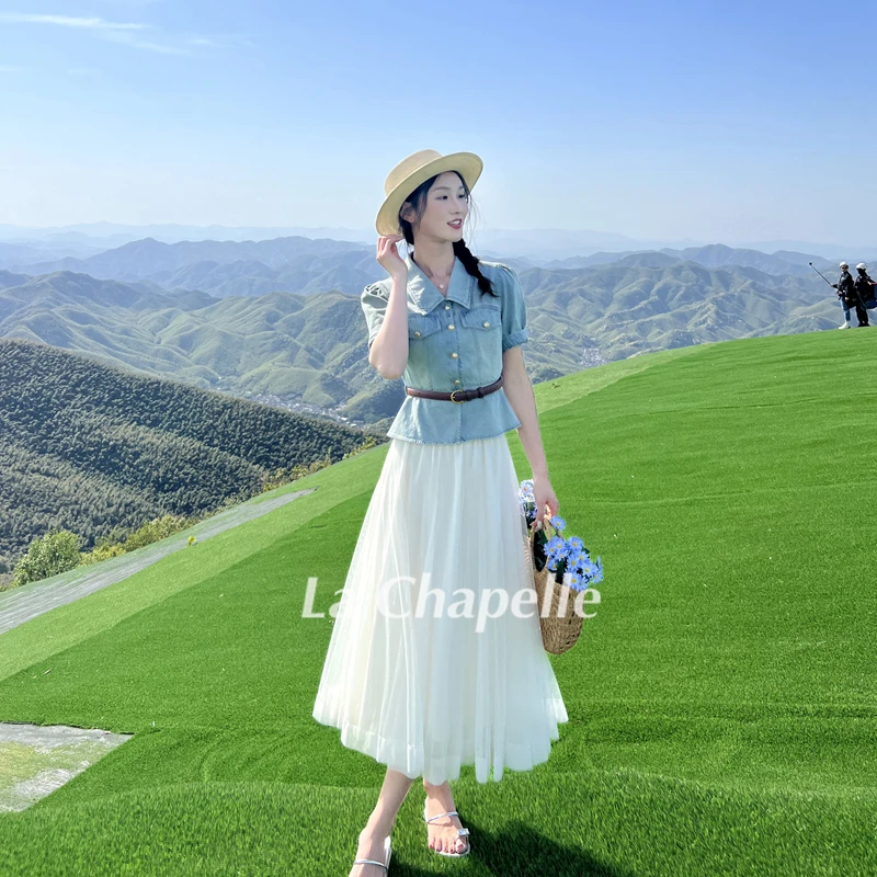 拉夏贝尔25现货夏新韩版清凉复古轻薄牛仔短上衣+半身裙 8507 LSC