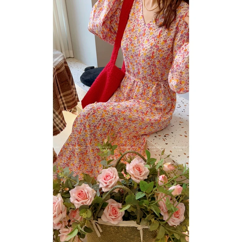 【樱花莫吉托】HL棉绸V领长袖浪漫碎花腰带蛋糕连衣裙宽松长裙