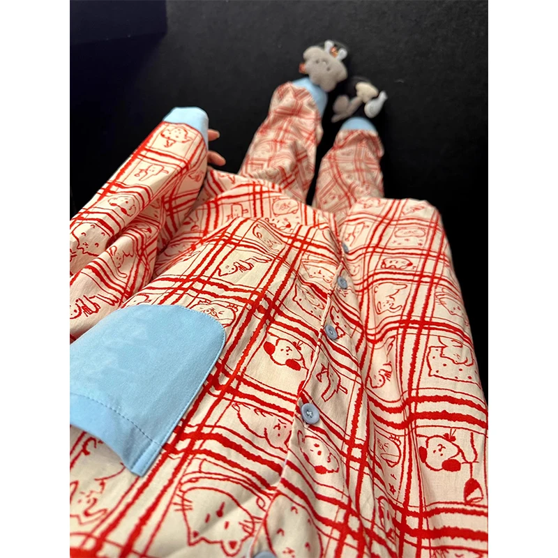【格纹小狗】韩系撞色可爱休闲长袖睡衣女春夏季新款长裤家居服套装