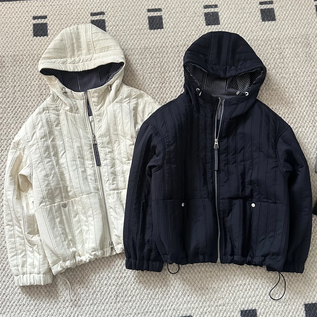 【米可家】双口袋条纹拼接加绒内里连帽棉服外套25602