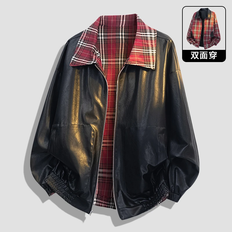NASA WTAPS双面穿pu皮衣男秋冬季宽松情侣格子夹克美式潮牌青少年