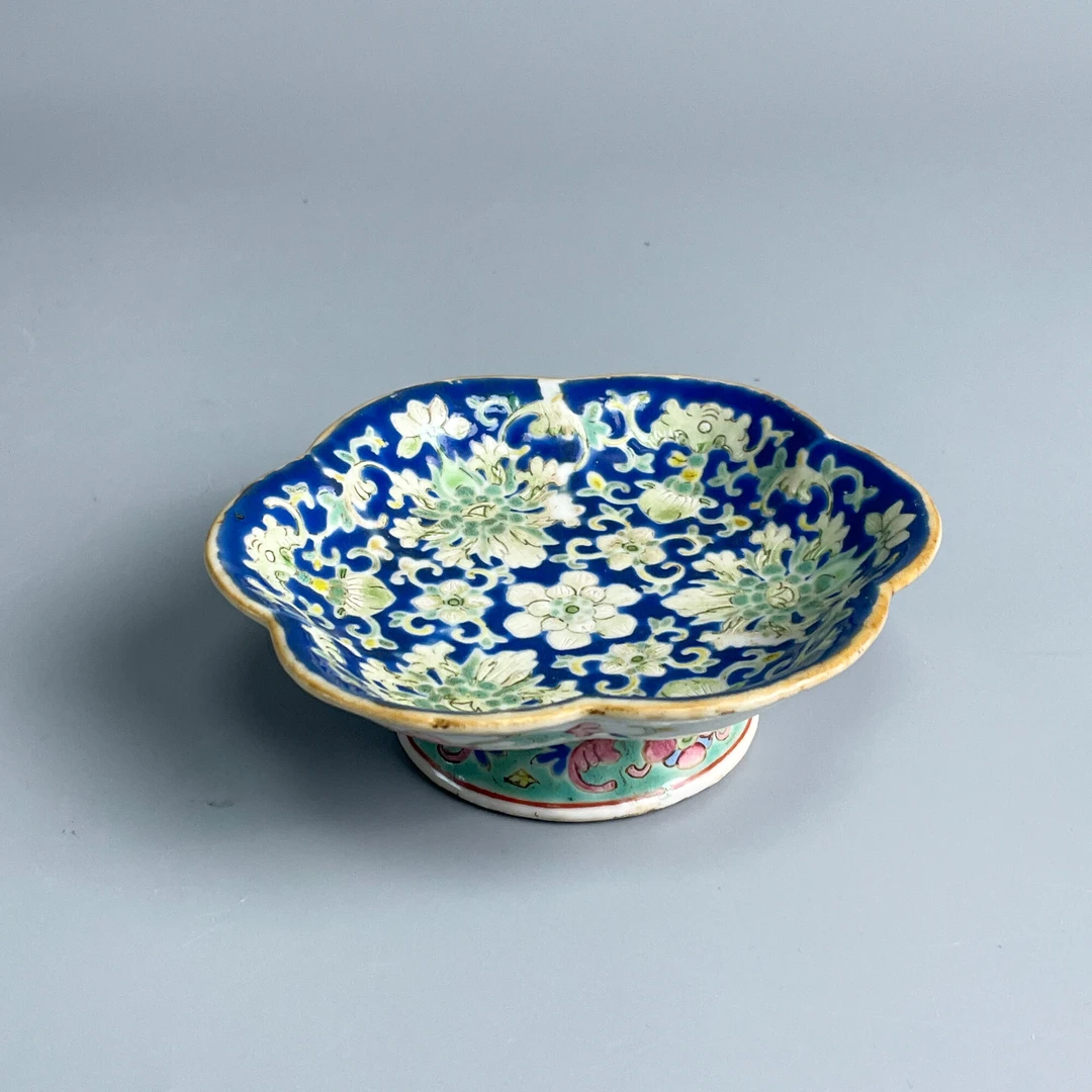 瓷器/古董同治蓝珐琅底宝相花供盘-M2XLZ001E68/收藏/文物/绣花张