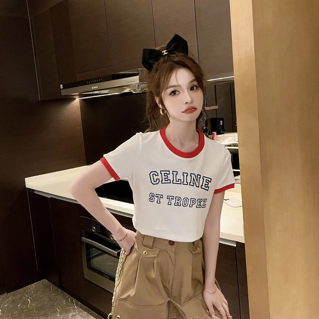 99新 Celine/思琳 ww305/罗纹边饰字母短袖T桖 棉 s码
