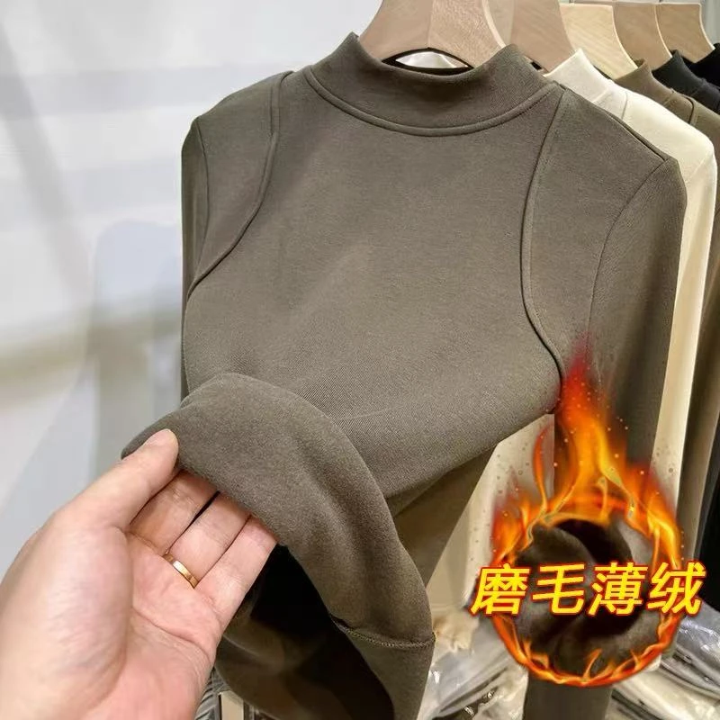 8281#元熙家假两件半高领加绒打底衫