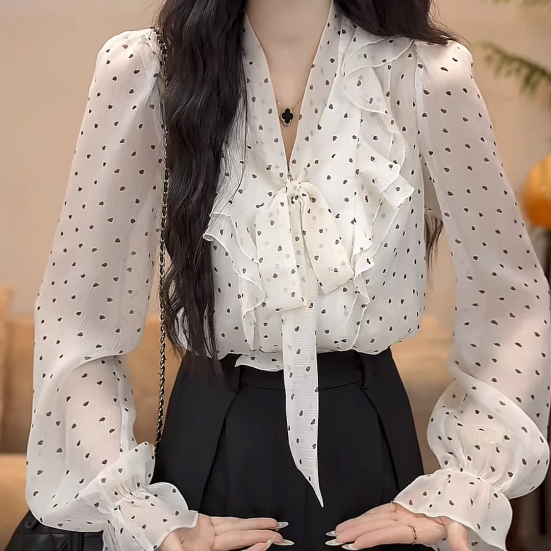 法式高级感洋气波点衬衫女2025设计感秋季新款绑带宽松别致上衣