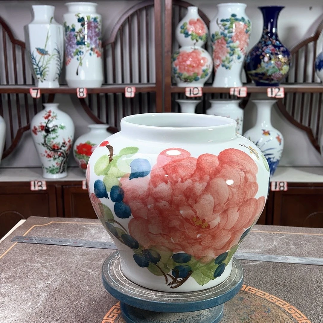 摆件陶景德镇陶瓷大口红牡花