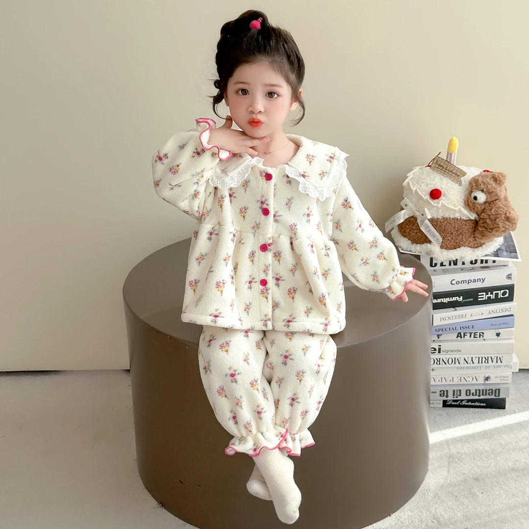 儿童睡衣女童秋冬款2025新款雪粒绒宝宝碎花公主风家居服套装外穿