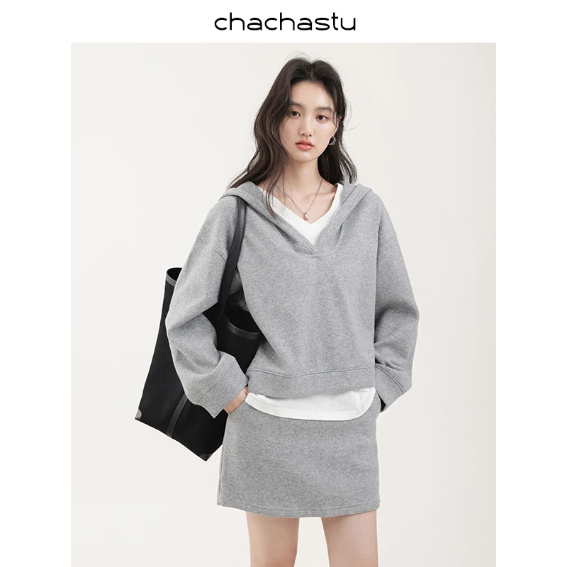 CHACHASTU 宽松显瘦灰色连帽卫衣外套女春季裙裤短裙套装H4117W