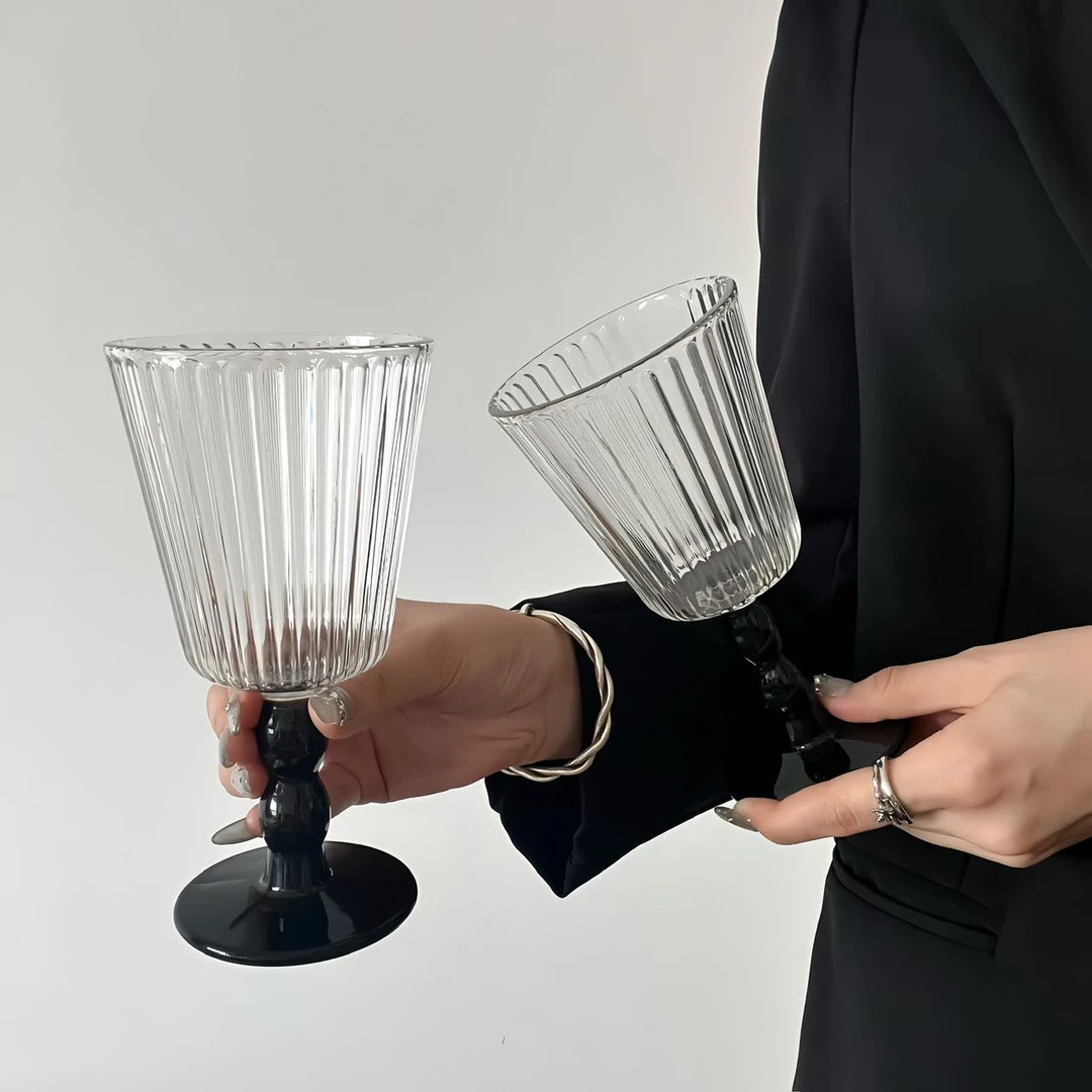 【两只装】复古网红酒杯咖啡杯水杯法式玻璃杯高脚款INS风宽口竖纹