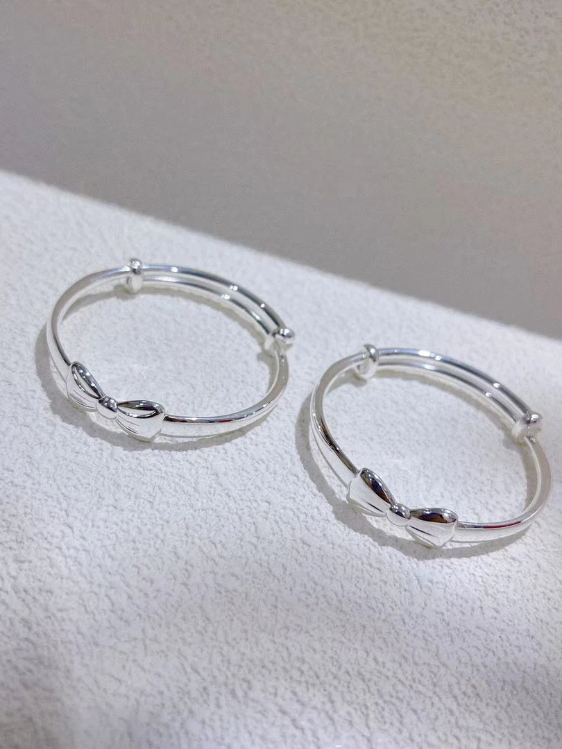 足银手镯 尚晶品珠宝足银实心女宝对镯光面甜蝴蝶结童镯周岁礼Ag