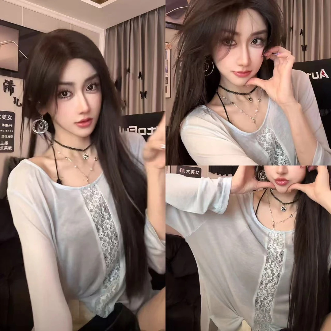 （浠儿家）正反两穿雾感针织莱赛尔亚麻斜肩蕾丝罩衫