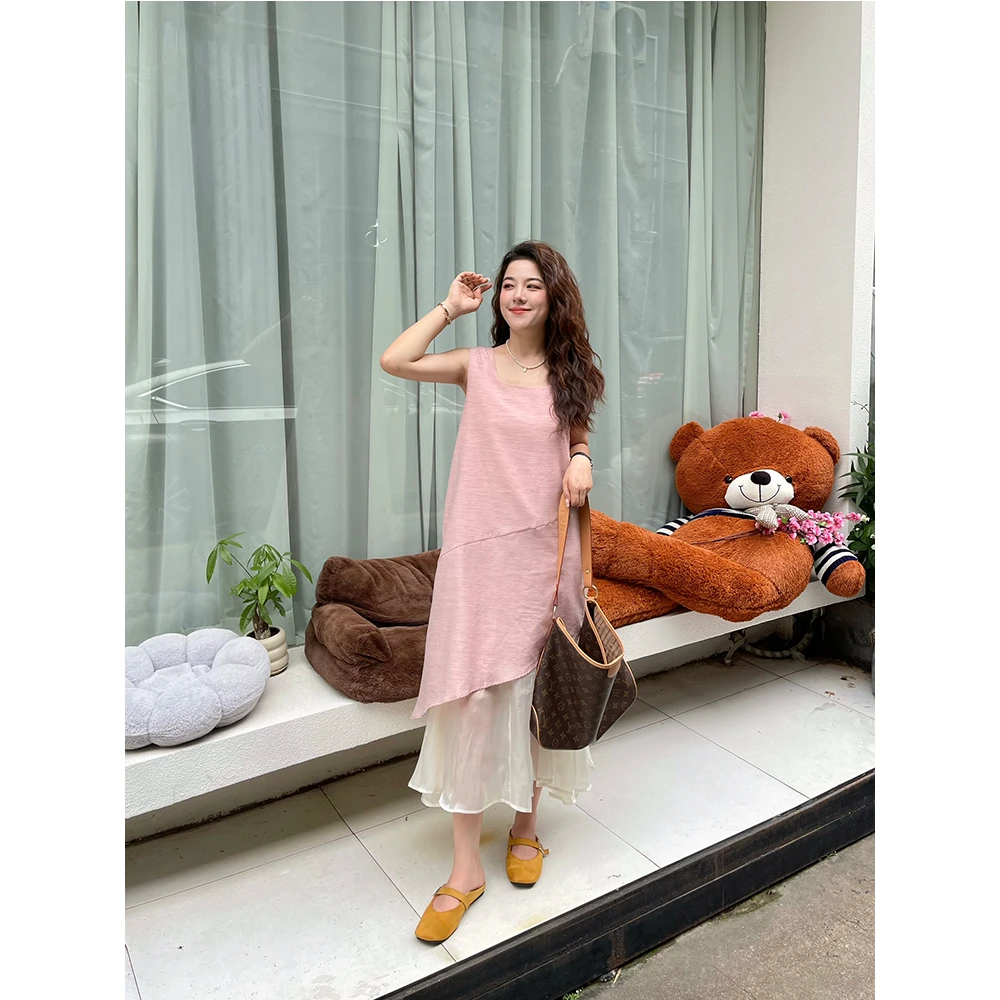 WenWen小个子韩系拼接裙摆方领无袖背心显瘦连衣裙气质4050