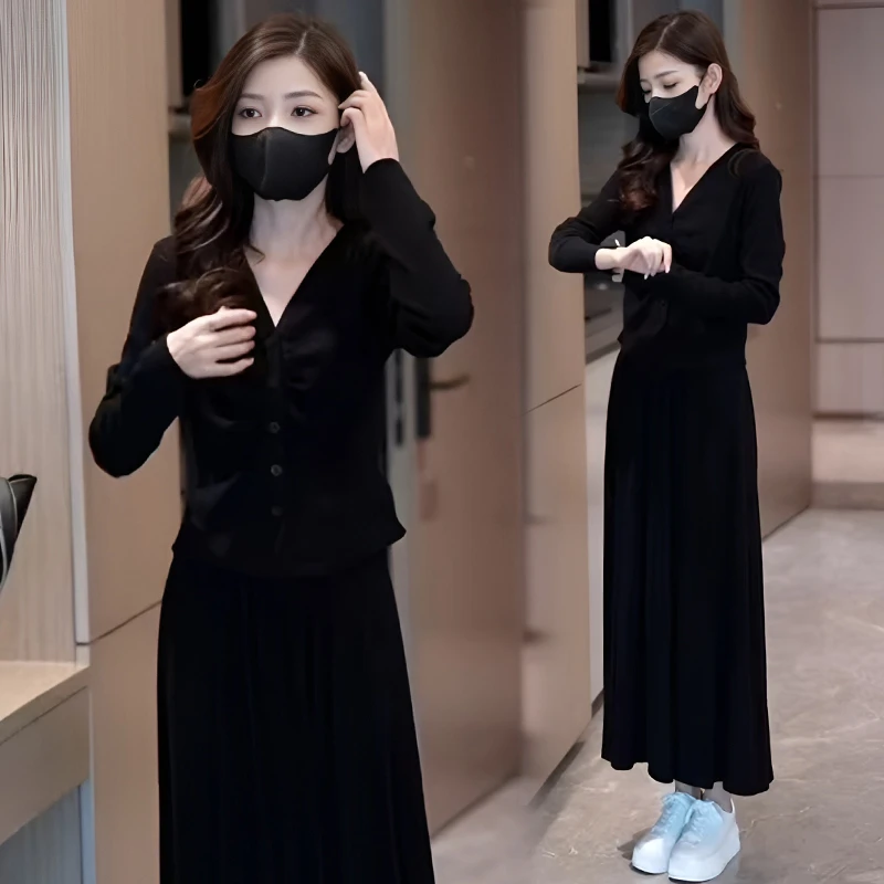 2025春秋新款设计感褶皱套装裙女休闲显瘦修身v领大码半身两件套