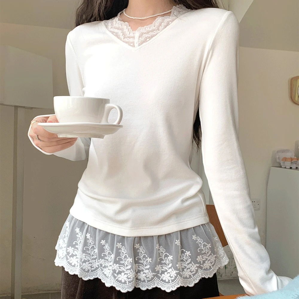 白色内搭蕾丝花边打底衫女秋冬德绒磨毛保暖修身长袖T恤纯欲上衣