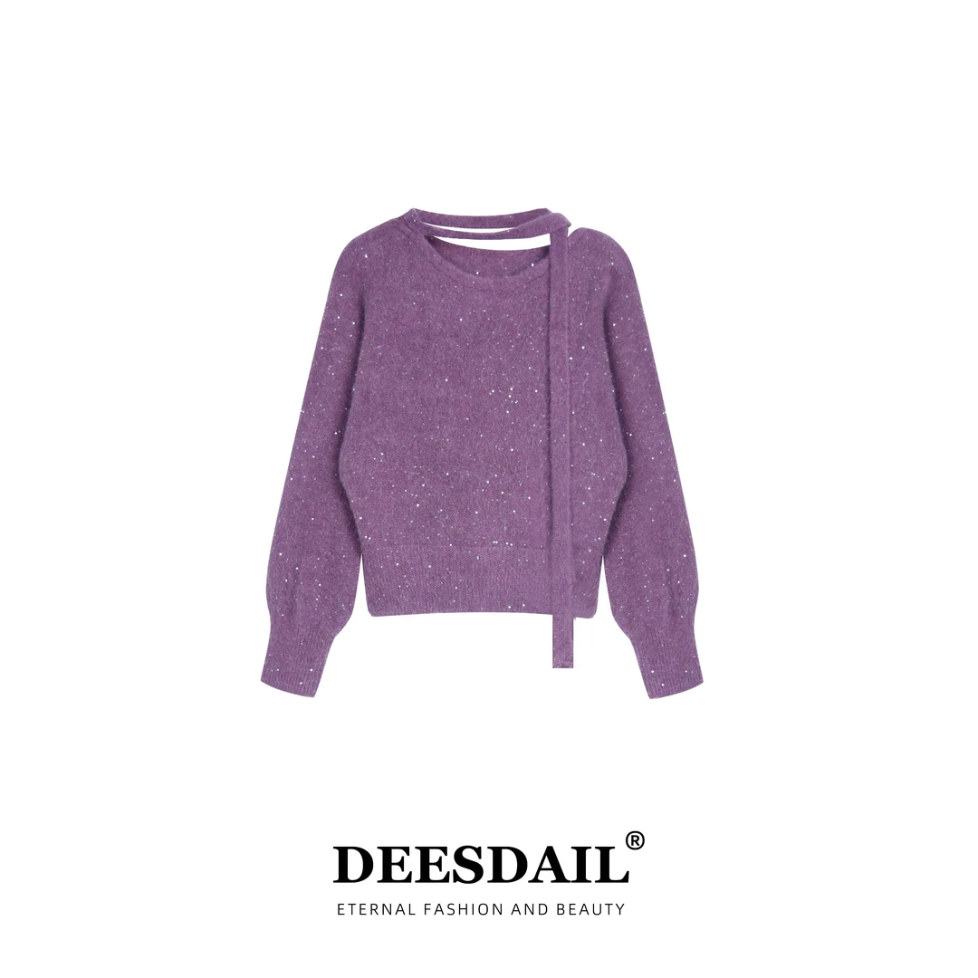 Deesdail冬季长袖紫色亮片斜领毛衣百搭显瘦针织衫女A523
