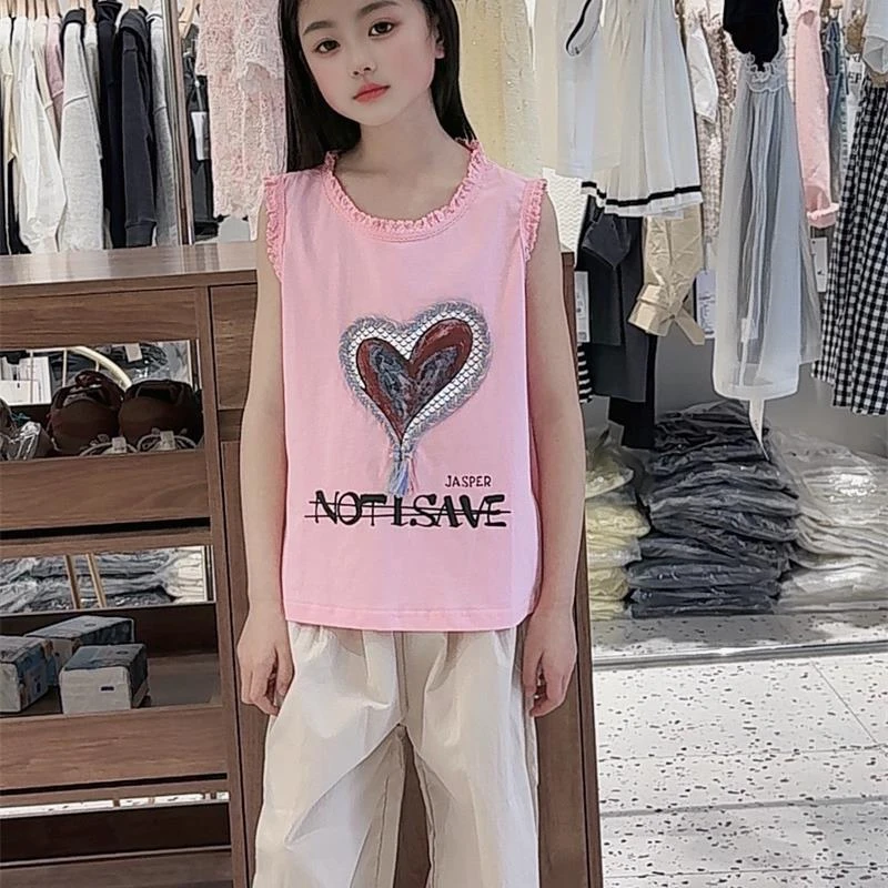 618【点】女童时尚夏季蕾丝花边休闲背心6635-1