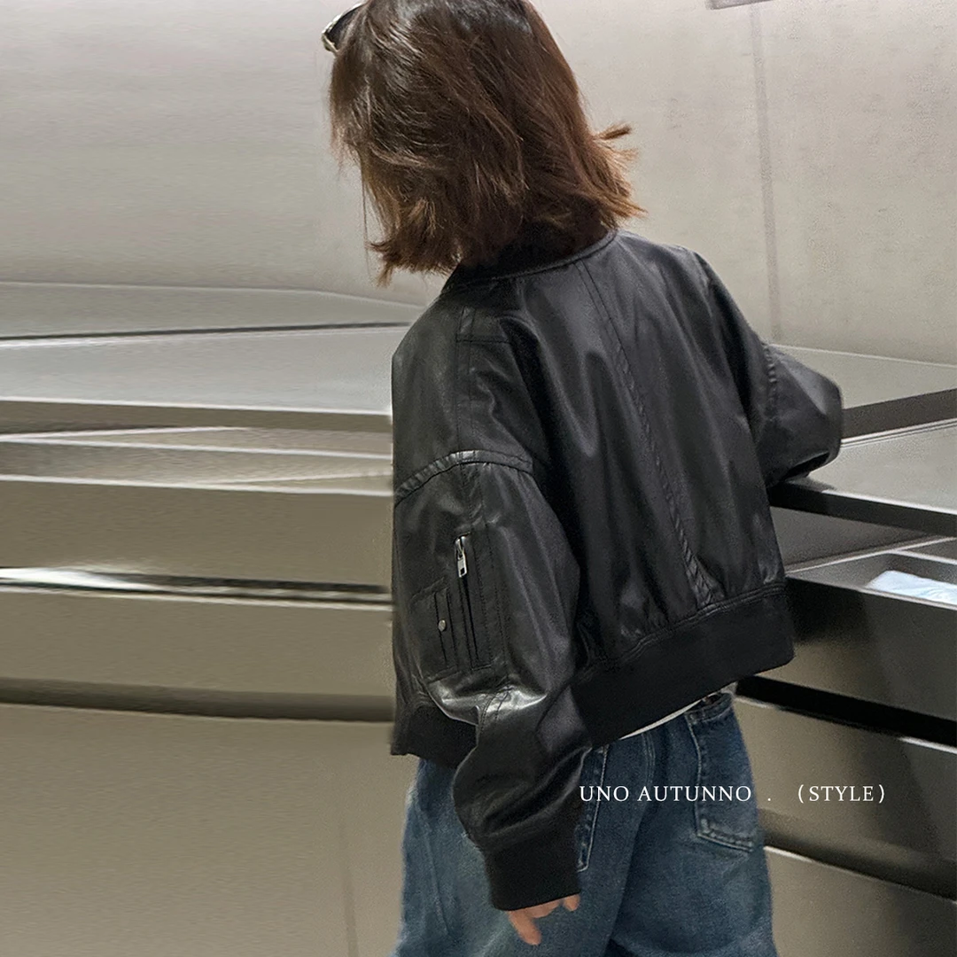 「UNO AUTUNNO」【风格】皮料女中大童复古长袖开衫皮衣外套GQ1573