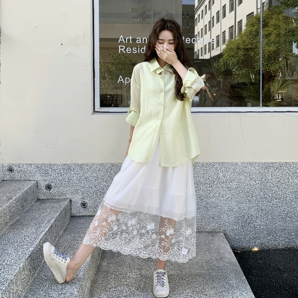 甜美减龄套装裙女夏2025新款轻薄防晒衬衫小吊带蕾丝半身裙三件套