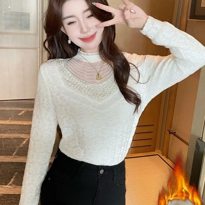纯欲风气质减龄蕾丝打底衫2025新款秋冬加绒加厚荷叶领通勤上衣女