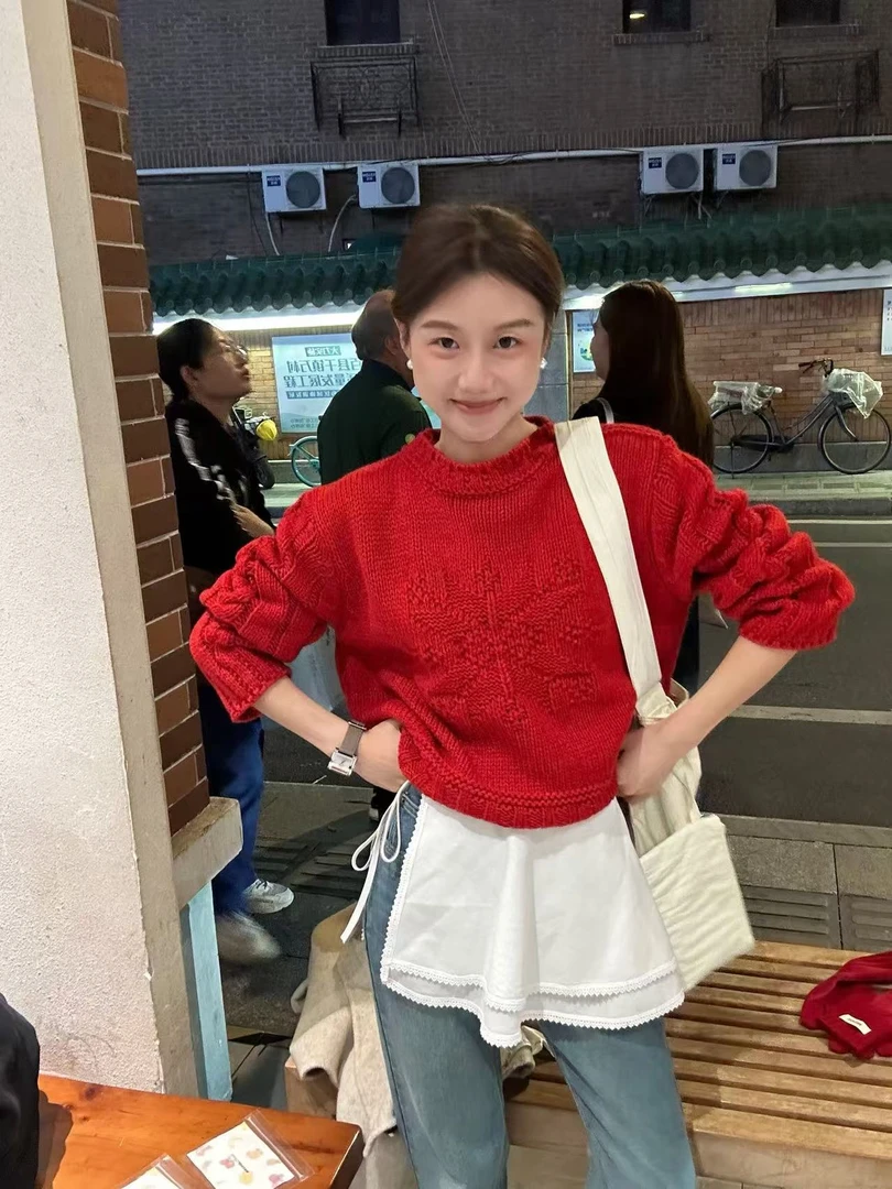 Peach自制 ‘圣诞调色盘’超韩系！雪花提花设计羊毛针织毛衣 1686