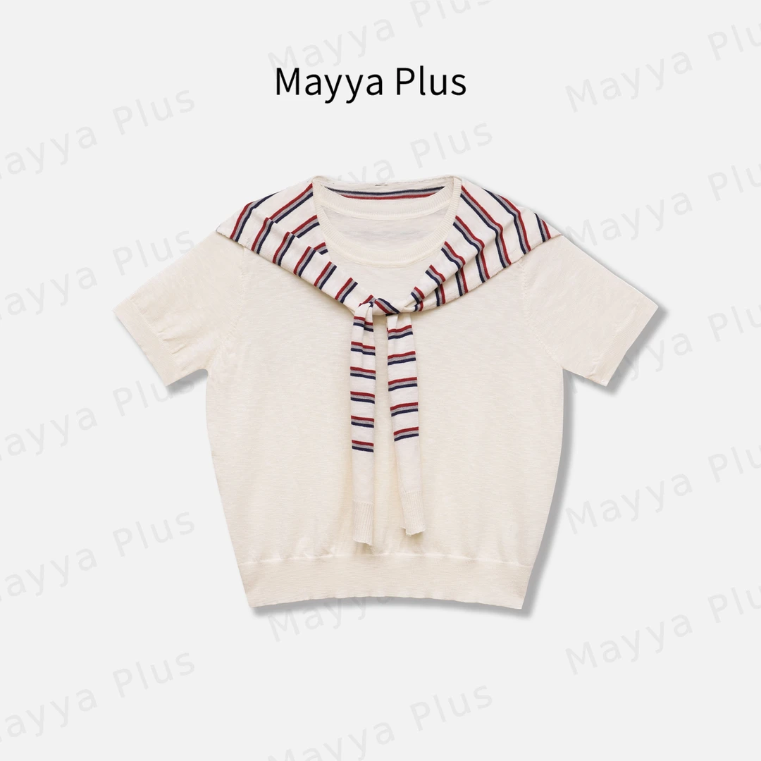 【松弛条纹】Mayya Plus麦芽定制轻奢气质欧若风针织上衣32526685