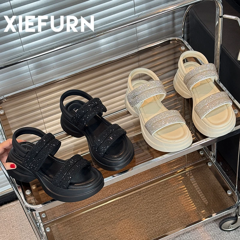 XIEFURN/鞋夫人新款小个子增高凉鞋2025夏季厚底粗跟魔术贴休闲鞋