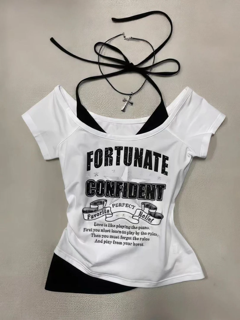 美式复古Vintage假俩件短袖T恤女2025夏季设计感短款修身显瘦上衣