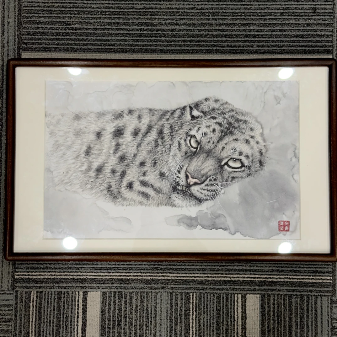 《天山孤客》工笔雪豹50*30手绘原稿国画
