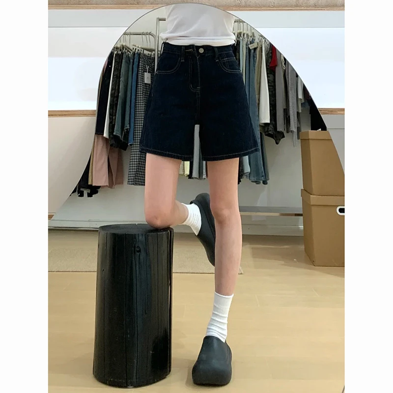 夏季高腰深蓝牛仔短裤女2025新款设计感宽松显瘦休闲百搭阔腿热裤