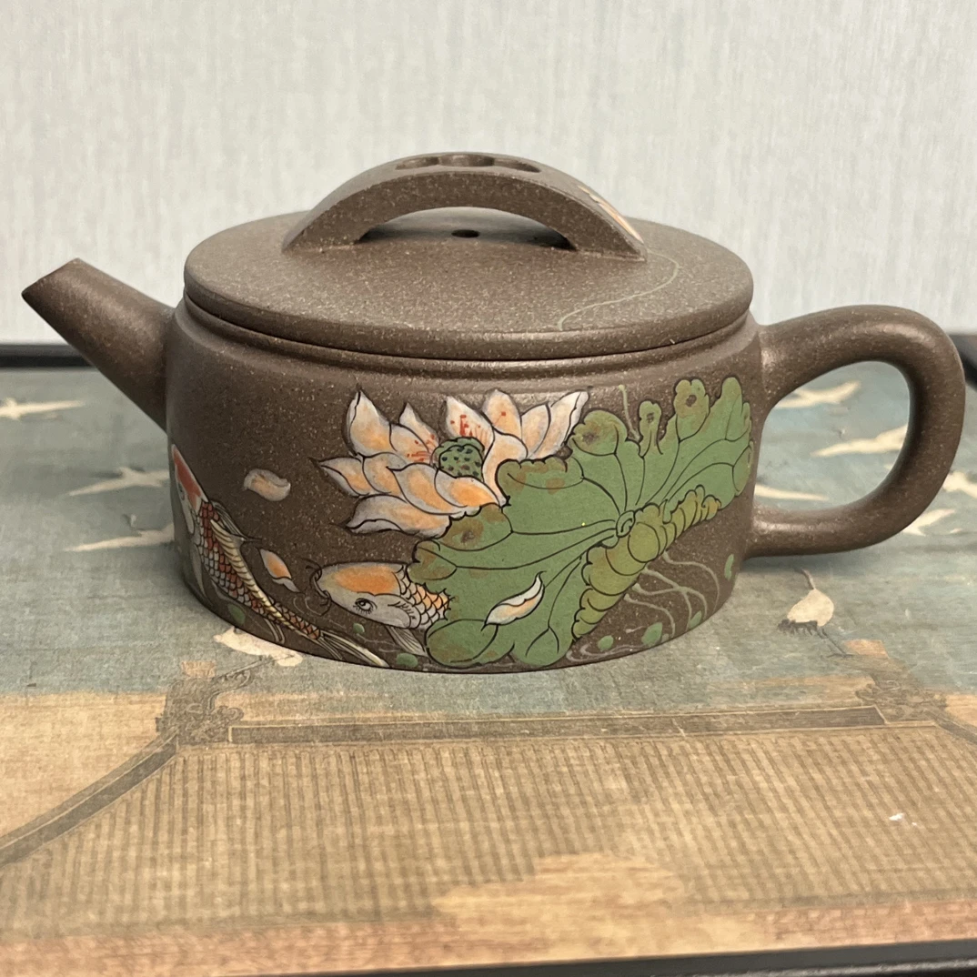 宜兴原矿紫砂壶老天青料半手工制作泥绘汉瓦壶130cc