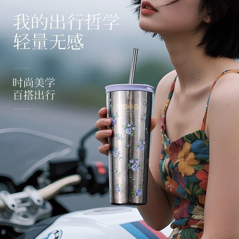 天沏纯钛保温杯女士高颜值咖啡杯吸管水杯子新款车载送礼便携钛杯