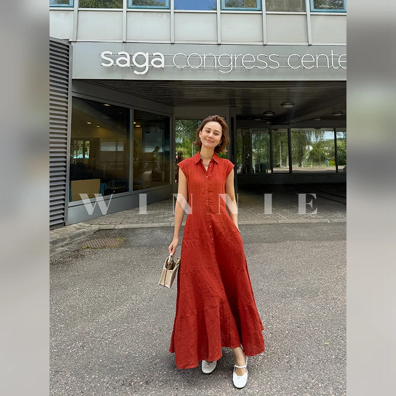 100%亚麻轻盈透气极简宽松无袖背心长裙分割式连衣裙