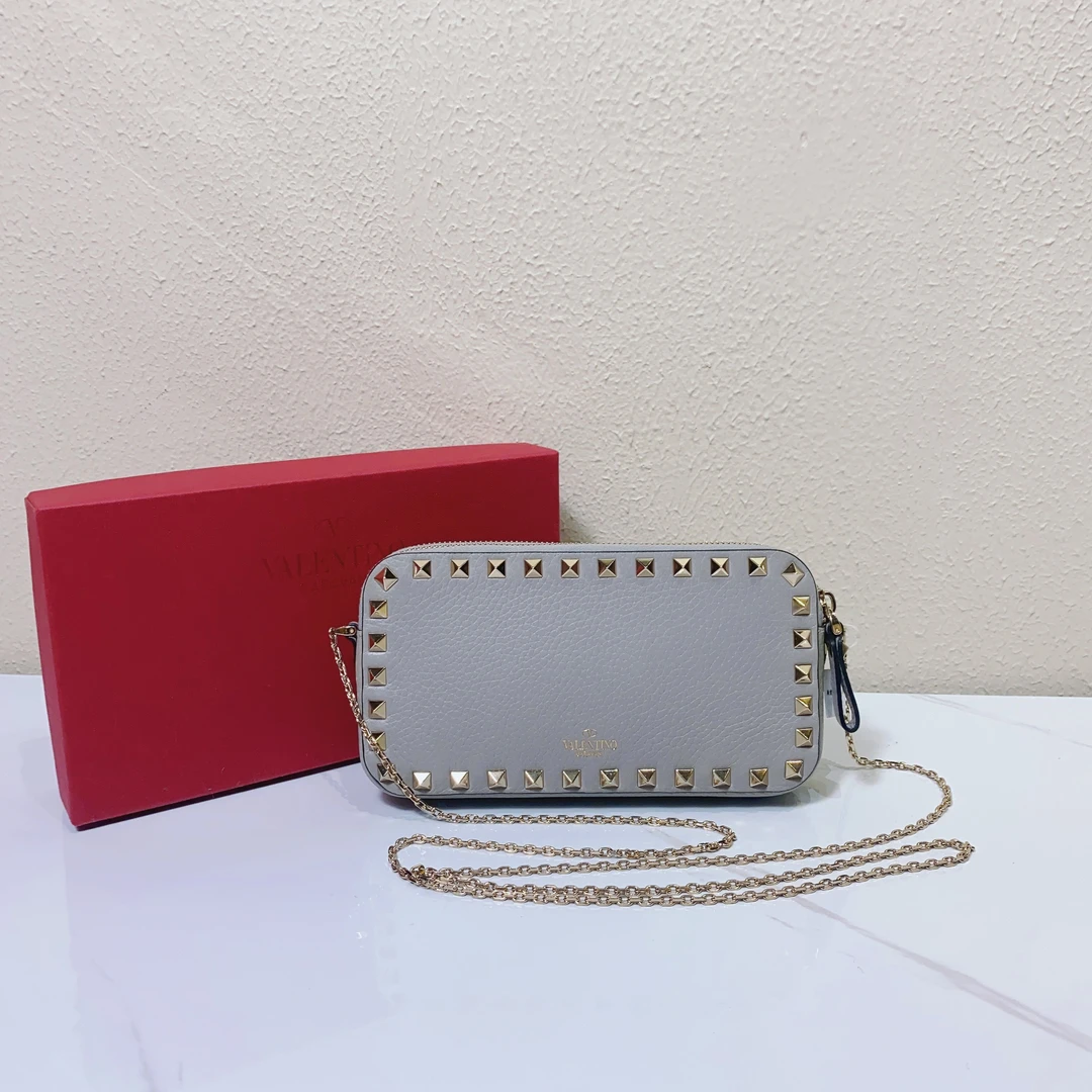 未使用 Valentino/华伦天奴 蓝总专场灰色铆钉 双面链条包