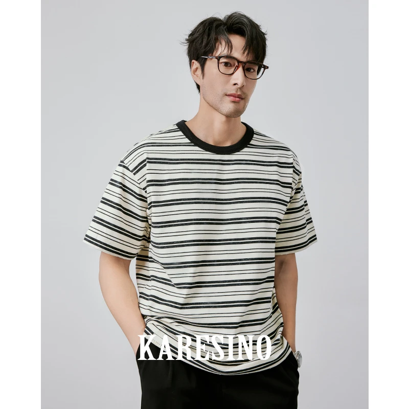 KARESINO【重磅长绒棉】夏季杏色条纹短袖男休闲免烫透气圆领T恤