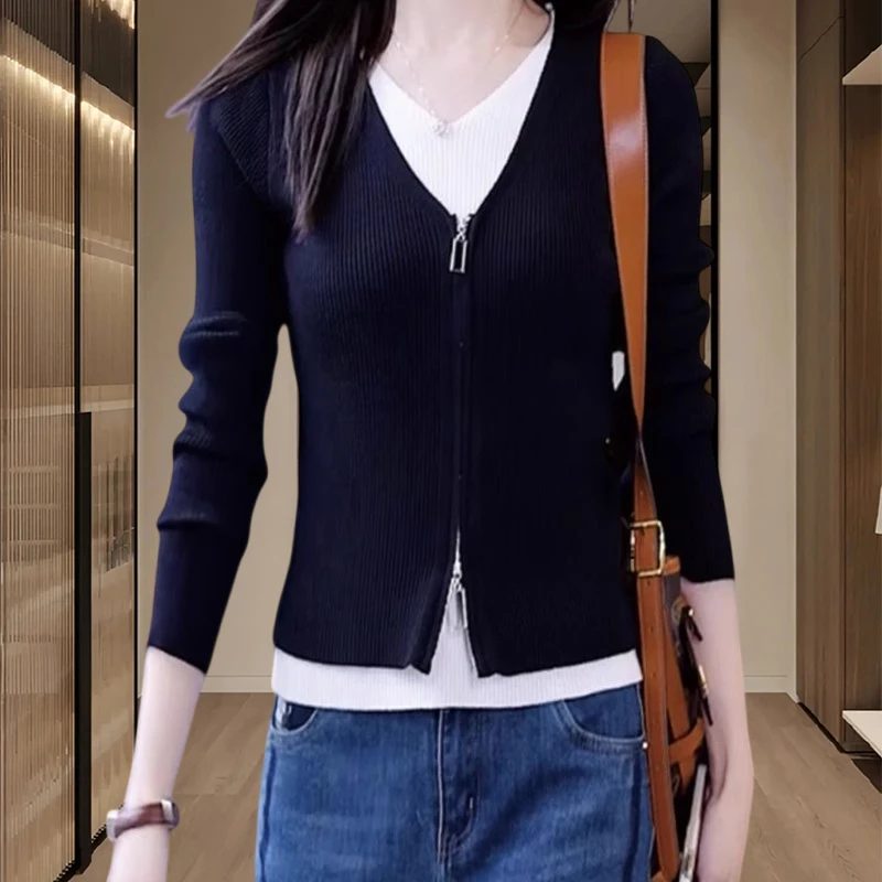 时髦洋气假两件针织衫女2025春秋新款百搭拉链上衣气质衣服高级感