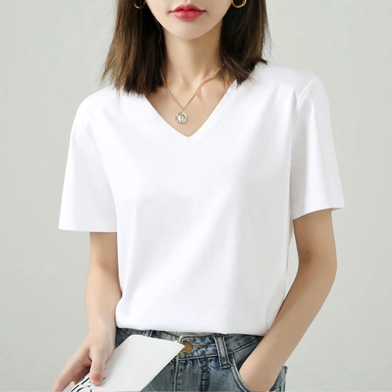 短袖V领鸡心领t恤女2026夏季新款宽松简约休闲字母印花体恤女上衣