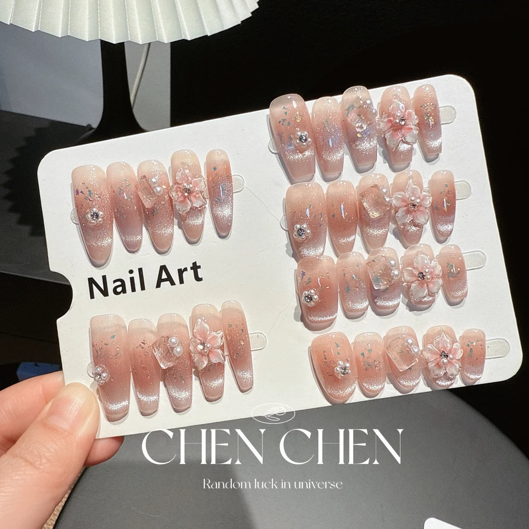 原创【桃花醉】CHENCHEN 纯手工腮红猫眼双层冰雕花气质显白穿戴甲