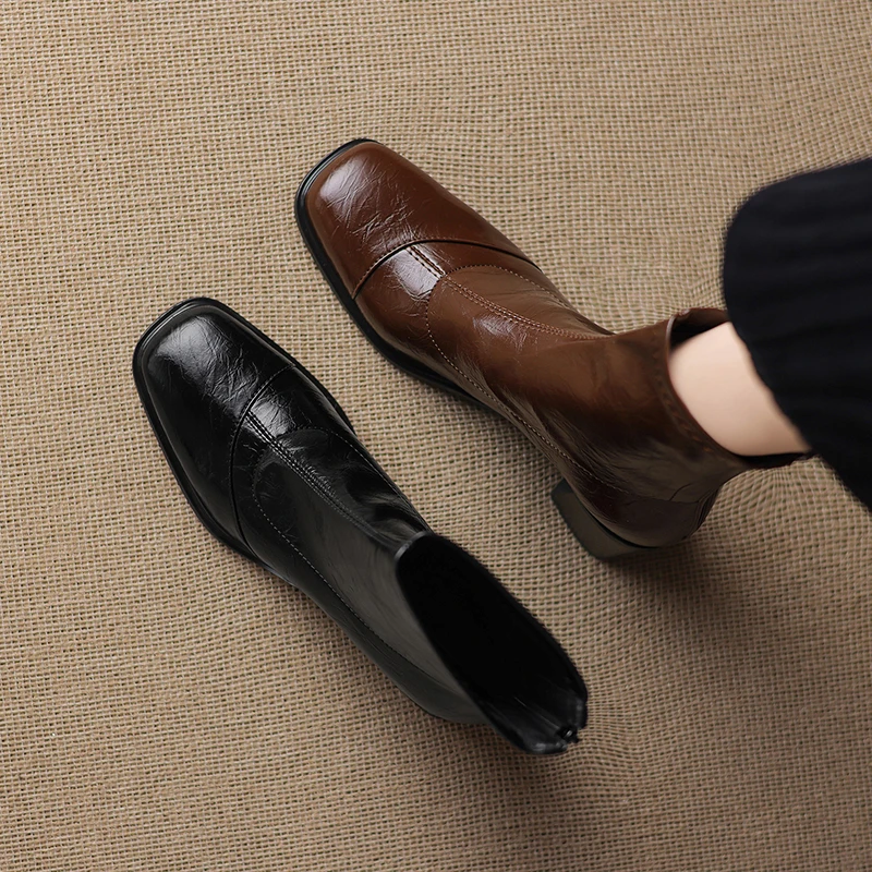 2025年新款真皮方头高跟弹力瘦瘦靴粗跟短靴马丁靴子41-43大码