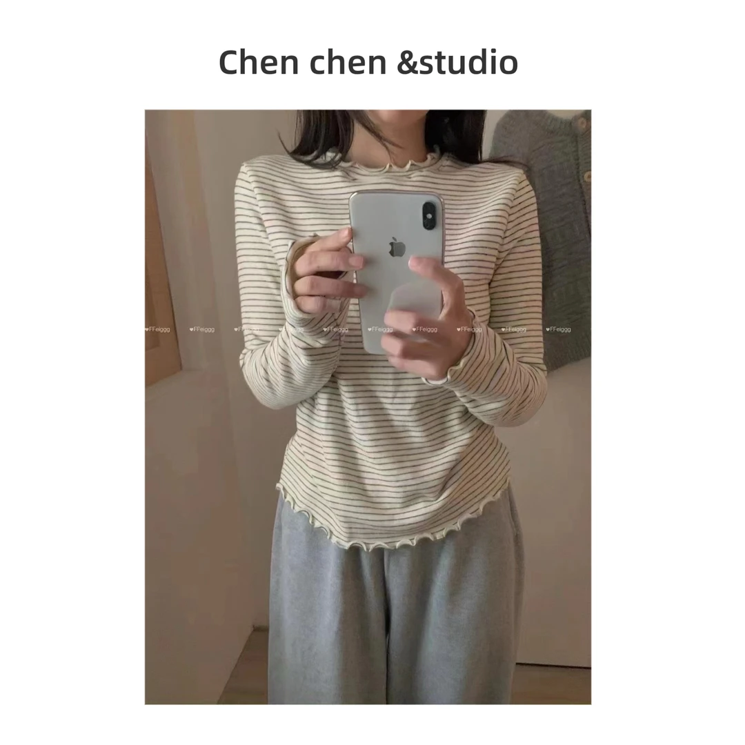 【木耳边圆领条纹打底】加厚磨毛长袖打底衫女秋冬内搭韩系百搭T恤
