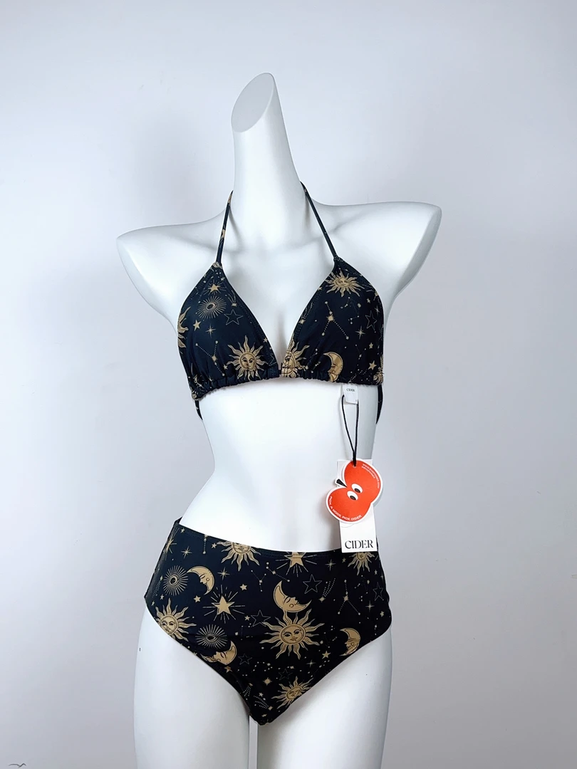 新款分体绑带泳装欧美性感三点式聚拢比基尼印花度假泳衣两件套