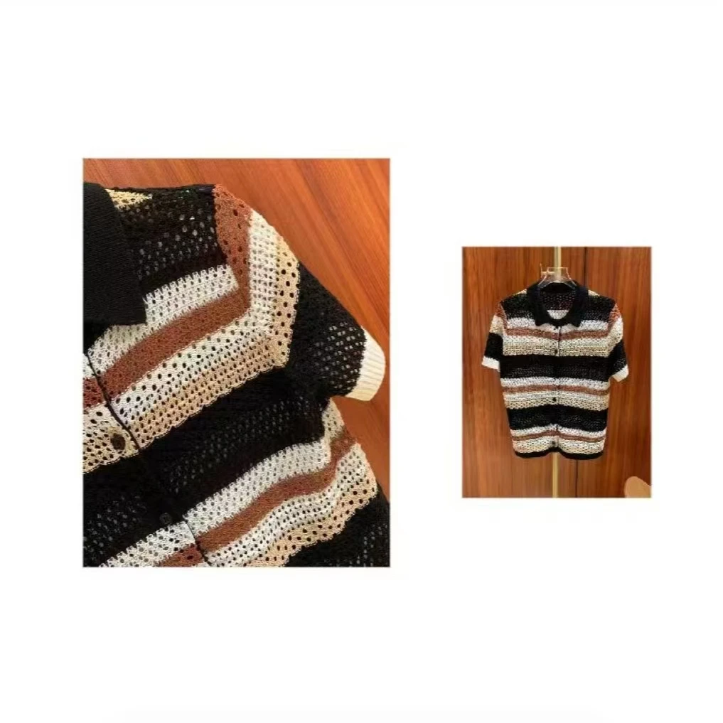 亚麻镂空条纹针织开衫短袖上衣