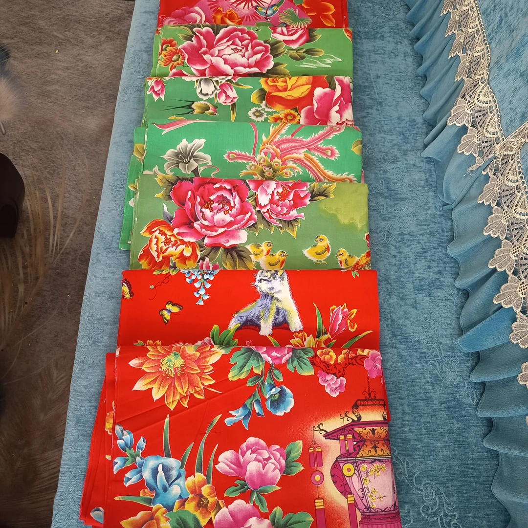 6070年代全新手工结婚丝绒水晶绒婚庆纯棉大花布牡丹中国风印花