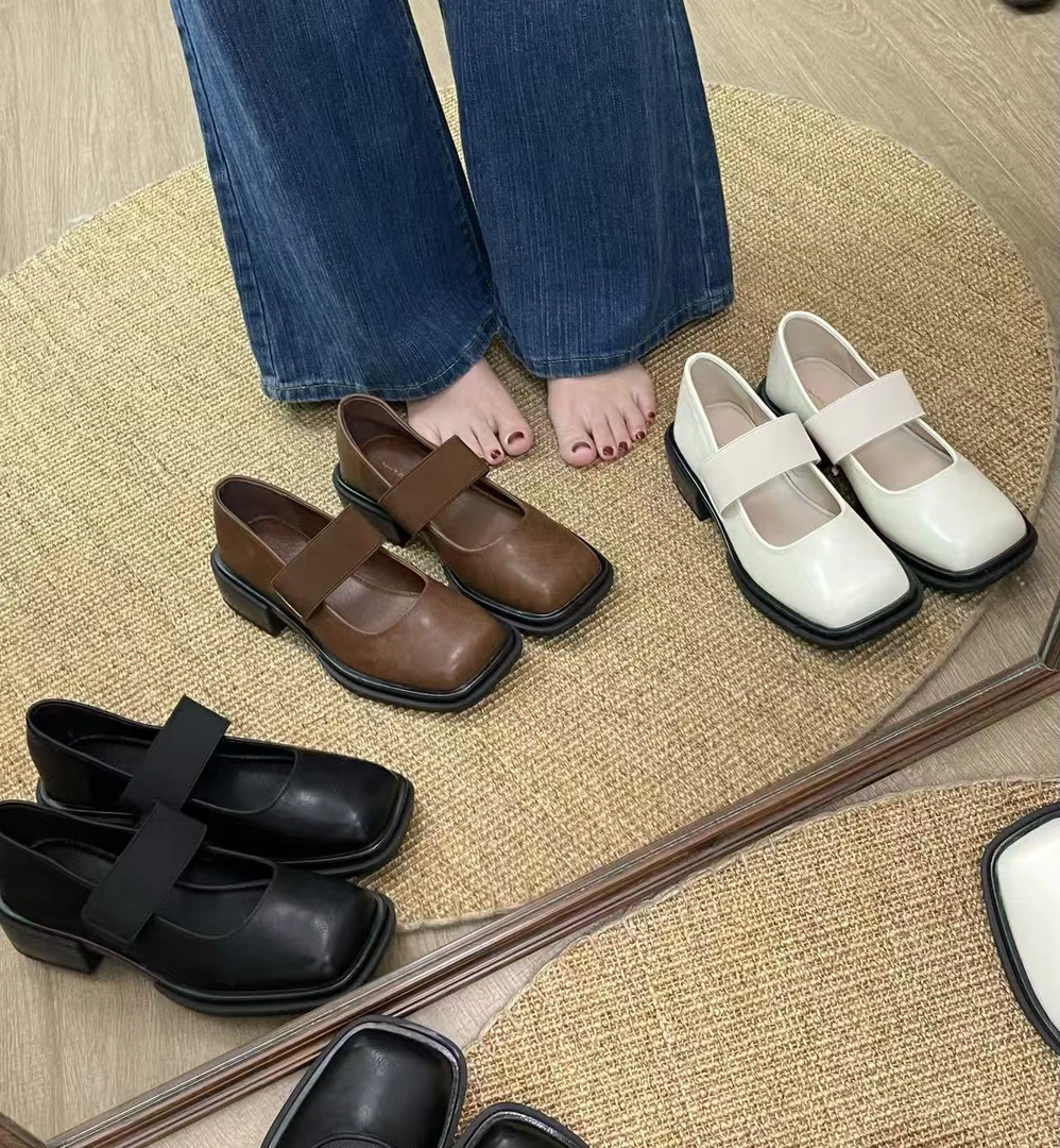 4公分学院风复古单鞋弹力带百搭纯色小众粗跟玛丽珍