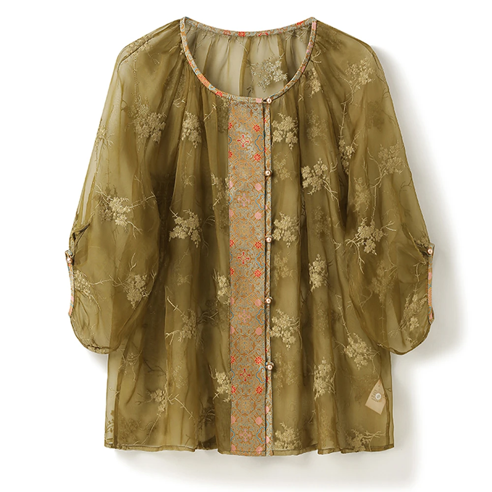 【白雪.荐选】桑蚕丝宋锦刺绣国风上衣真丝宽松衬衫D653