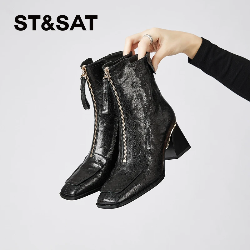 星期六羊皮方头粗跟高跟鞋女2025新款冬季加绒保暖防滑百搭瘦瘦靴