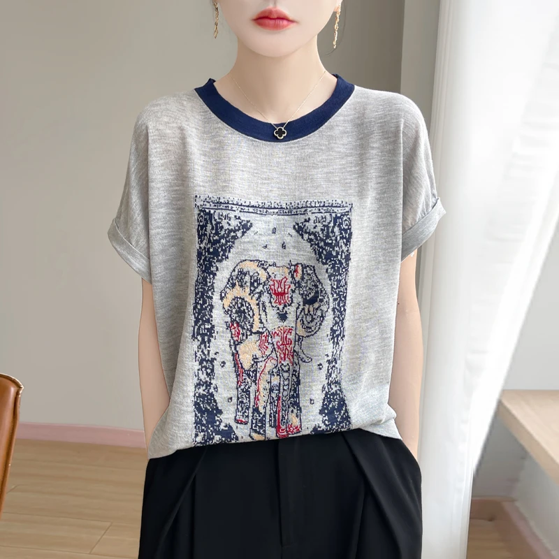超柔软14针竹节麻短袖女时尚休闲印花圆领百搭复古宽松设计感T恤