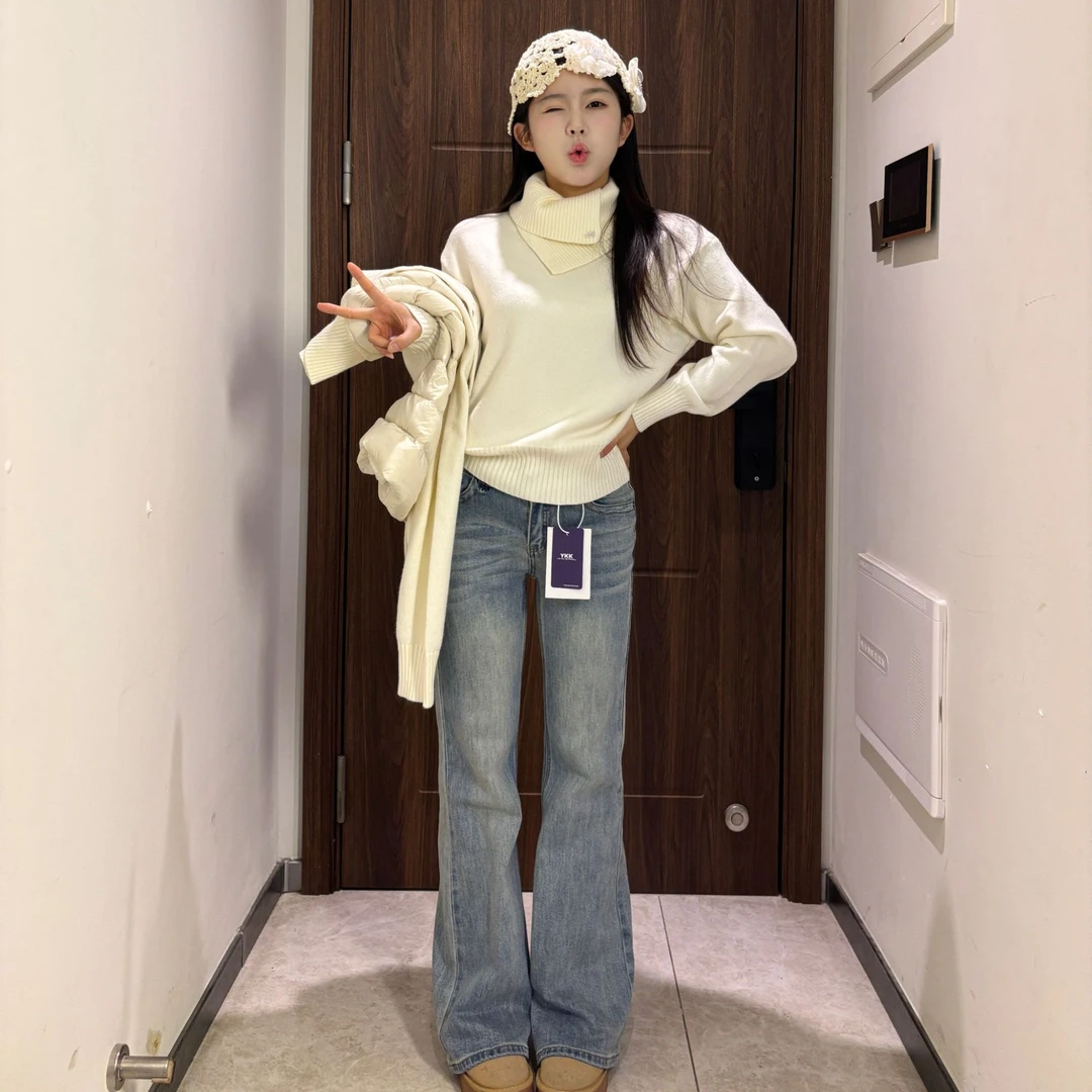 美式复古弹力微喇裤低腰修身显瘦辣妹不贴腿牛仔喇叭裤