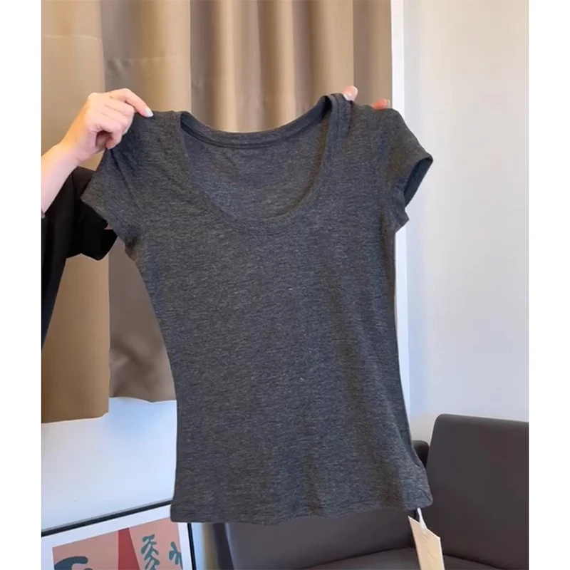 深灰色弹力紧身短袖T恤2025夏季修身性感百搭休闲短款上衣