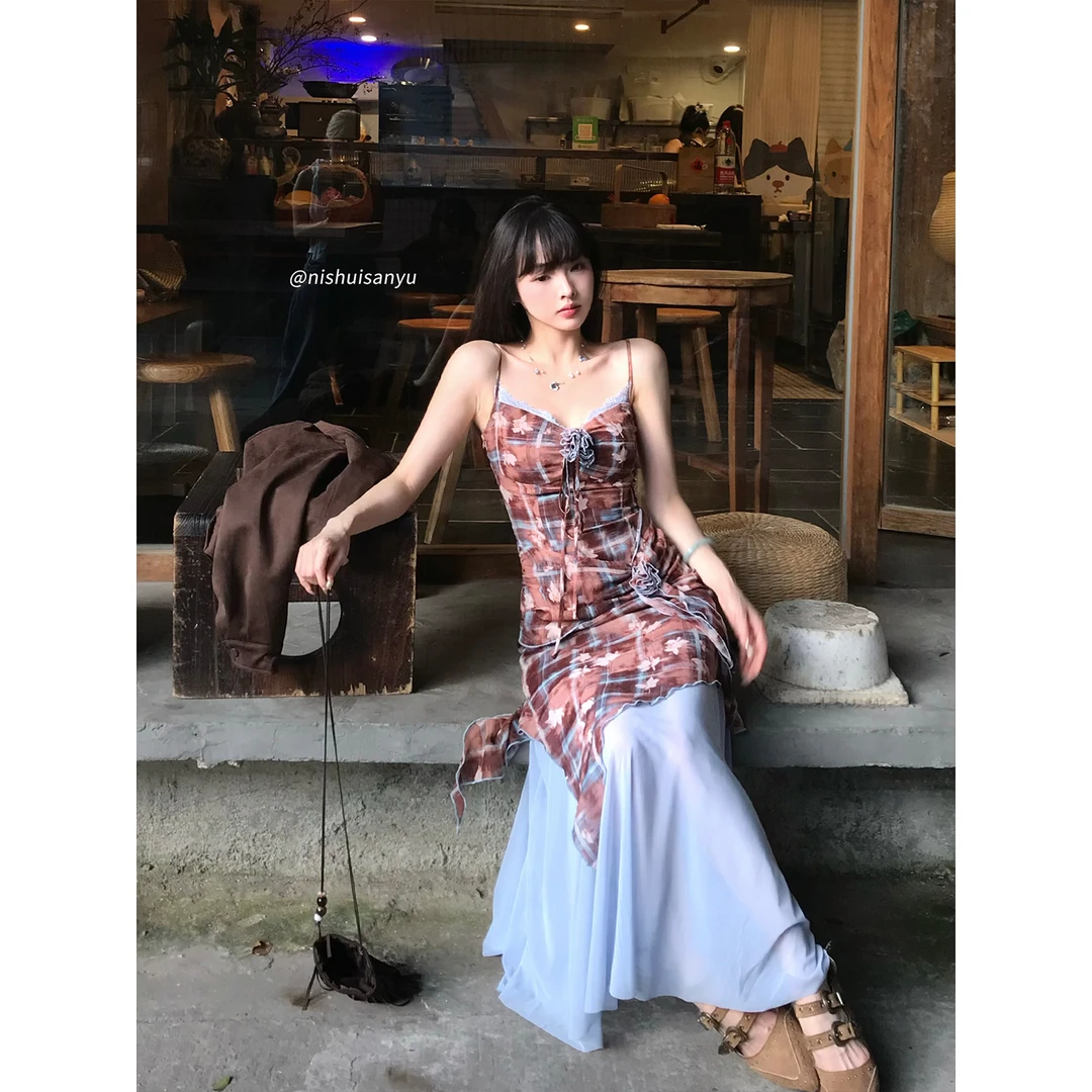 溺水三鱼【落叶情书】复古立体花朵印花撞色拼接吊带连衣裙显瘦长裙